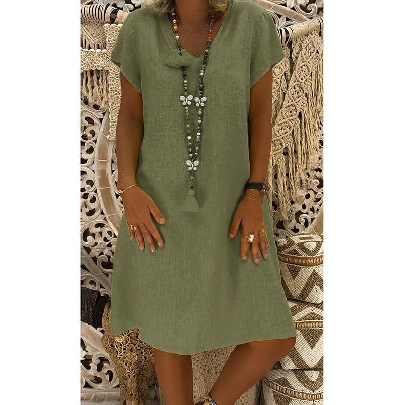🔥Women's Dress Summer Polyester-cotton blend Dresses Casual V Neck Midi Dress