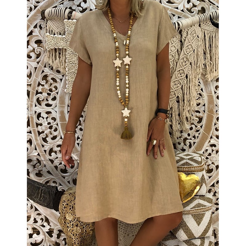 🔥Women's Dress Summer Polyester-cotton blend Dresses Casual V Neck Midi Dress